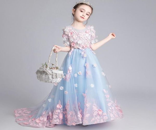 

2022 cute spaghetti handmade flower girls dresses bow 3d flowers princess kids floor length bridesmaid dress girl pageant ball gow1837038, White;blue