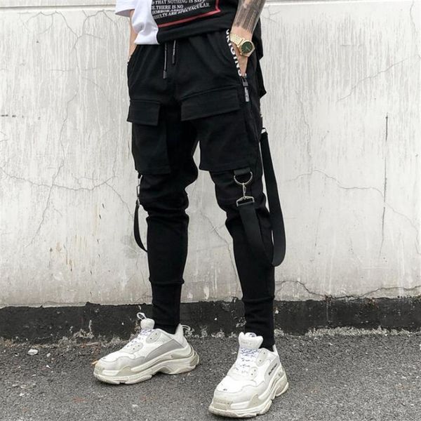 

men's pants hip hop patchwork cargo ripped sweatpants joggers trousers male fashion side pockets full length pants288t, Black