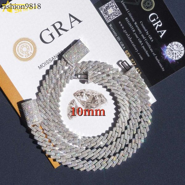 

fine jewelry pass diamond tester in stock 10mm two rows hip hop men necklace vvs moissanite diamond cuban link chain, Silver