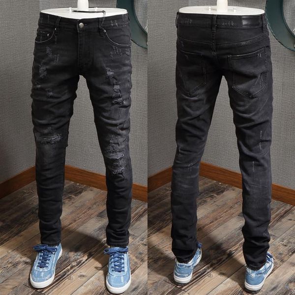 

man worn-out patch black jeans damage stretch slim fit denim trousers225n, Blue