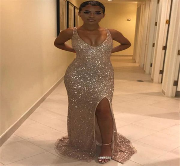 

mermaid vneck split prom dresses long sparkly sequin formal evening gowns bling cocktail party sweet 16 dress black gi1801281