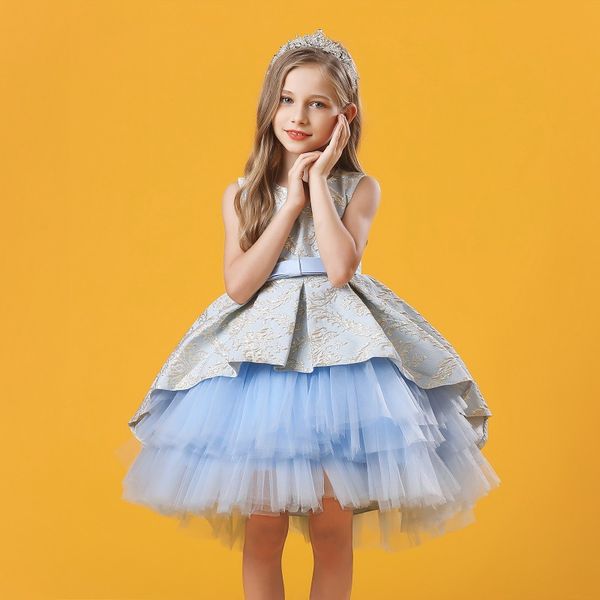 

small and medium girls' dress jacquard trailing princess dress multi layer mesh cake dress flower child wedding dress performance multi, White