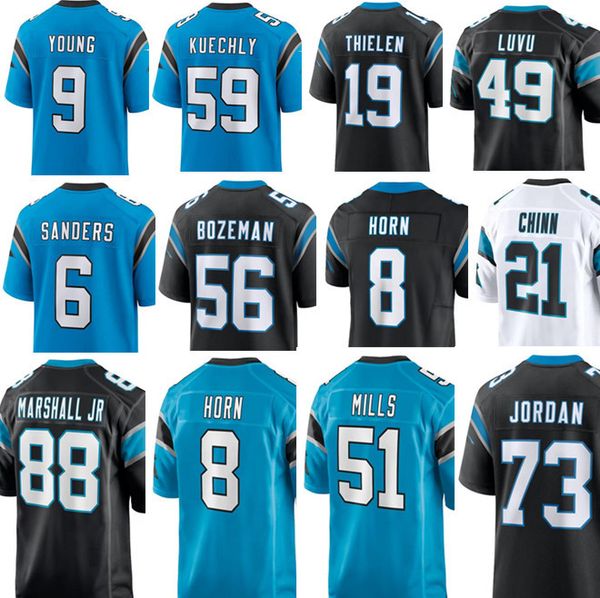 

football jersey 51 sam mills 53 brian burns 8 jaycee horn 79 ikem ekwonu 7 shaq thompson 9 bryce young 21 jeremy chinn 19 adam thielen, Black;red