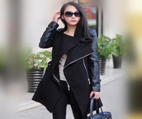 

brand winter long spliced pu leather sleeves woolen coat manteau femme women wool casacos female sobretudo with belt overcoats8628987, Black