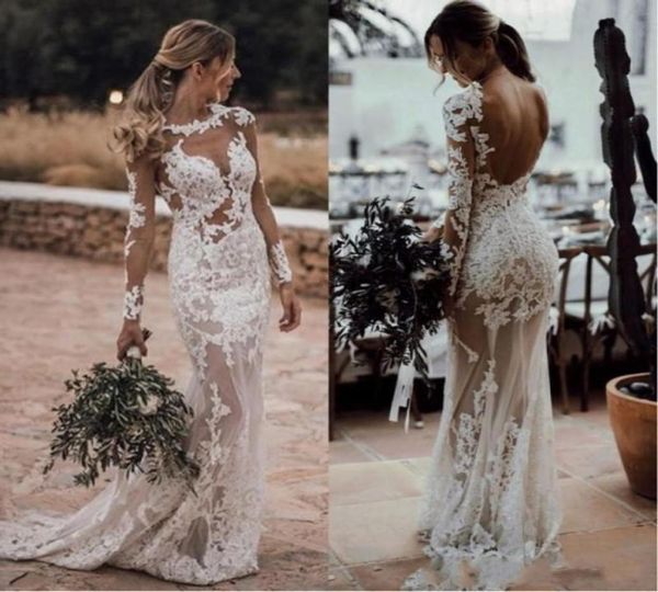 

2019 beach sheath wedding dresses illusion neck open back applique lace plus size bohemian bridal gowns bc10762640720, White