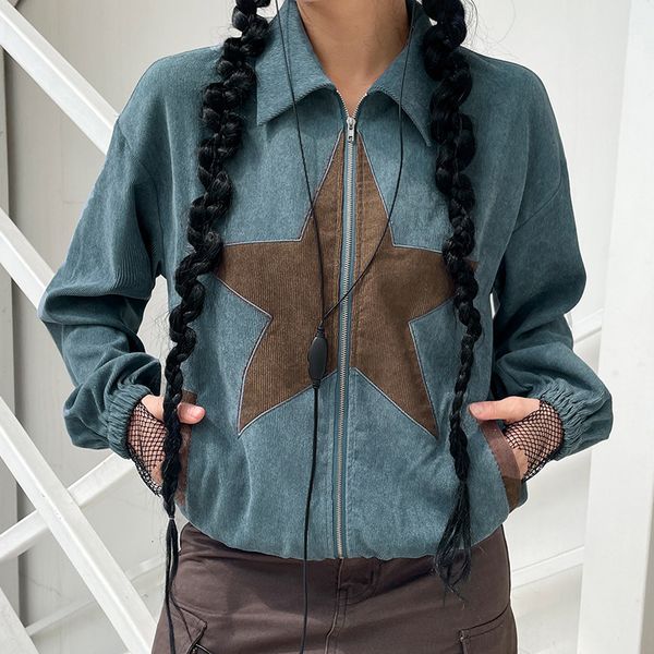 

womens hoodies sweatshirts vintage green star embroidered corduroy coat womens american cardigan zipper lapel casual 230811, Black