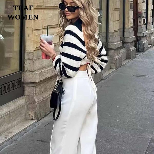 

women's sweaters traf women 2023 spring open back striped tieup knit short long sleeve design retro female chic sweater mujer 230811, White;black