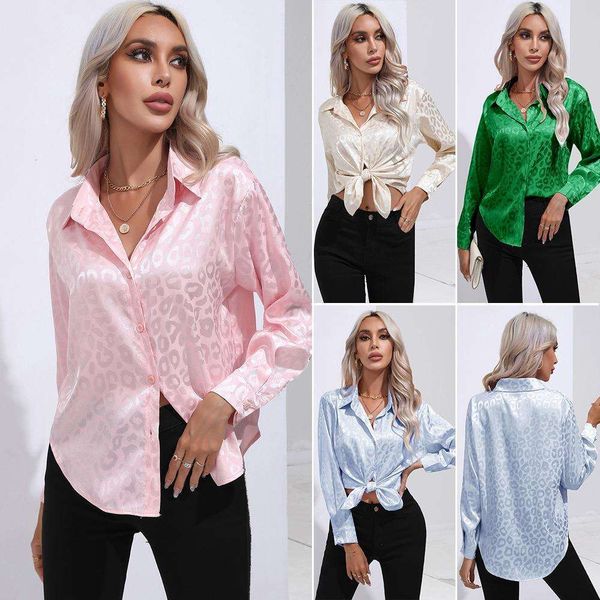 

leopard print t shirt for women satin long sleeved imitation silk womens clothing, White
