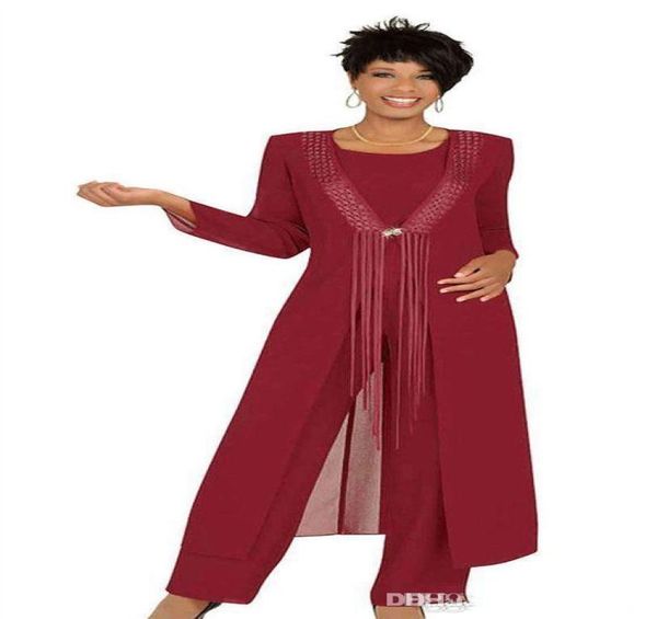 

2020 three piece crimson mother of the bride pant suits with jacket chiffon custom made long sleeve wedding guest dress md099538660, Black;red