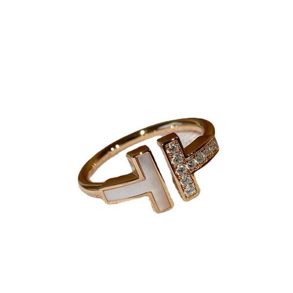 

trendy high version sterling silver s925 enamel diamond coil double t letter 18k rose gold open ring for women z15x