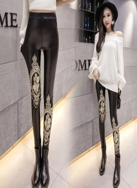 

european fashion new design women's bodyon pu leather embroidery gold lace floral tunic leggings pants ps size smlxlxxl8502298, Black