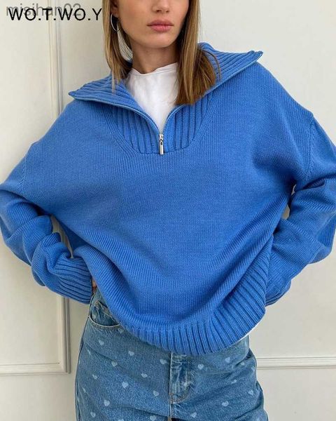 

women's knits tees wotwoy zipper navy collar casual sweater pullovers women autumn winter loose solid female long sleeve outfit clothe, White