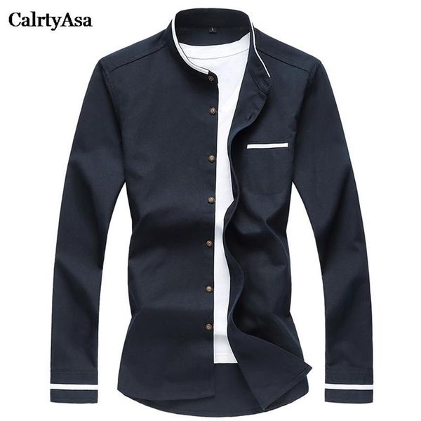 

calrtyasa chinese style pure color oxford shirt men fashion casual mandarin collar long sleeve shirt social man denim blue288s, White;black