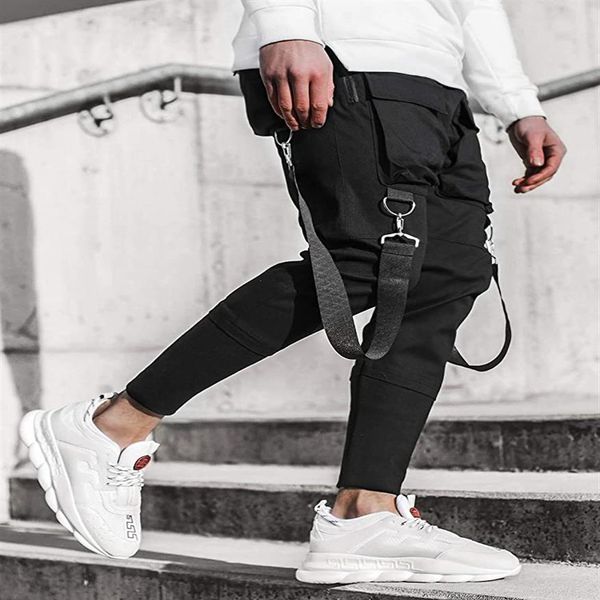 

qnpqyx men's side pockets harem pants autumn hip hop casual ribbons design male joggers trousers fashion streetwear pant blac295z, Black