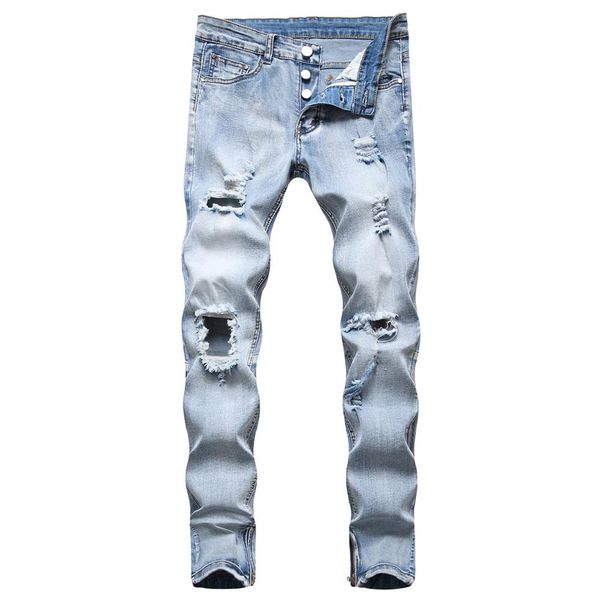 

men's jeans fashion zip leggs ripped knee hole light blue skinny ripped destroyed stretch slim fit casual pants 3358295s