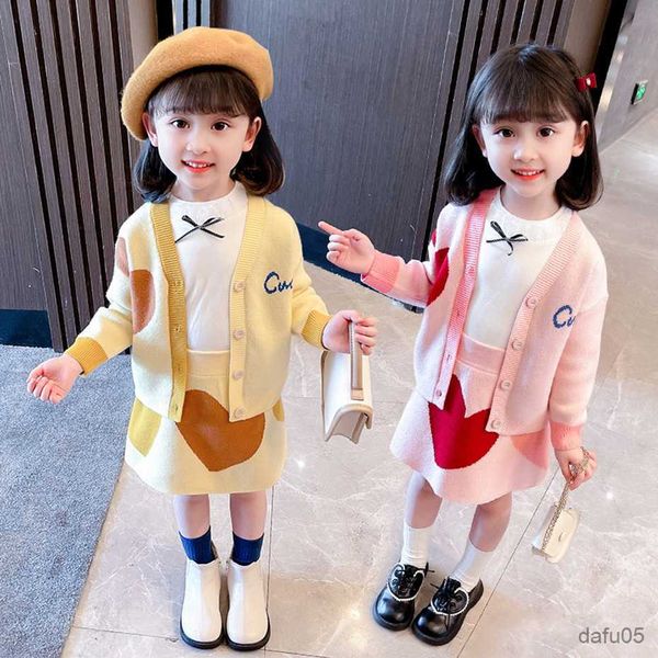 

clothing sets girls knitted clothes heart pattern girls clothing tshirt sweater girls sets casual tracksuit kids r230812, White