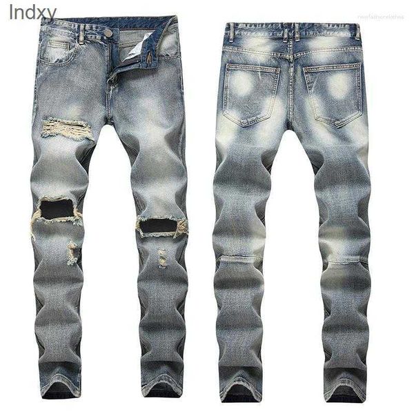 

men's jeans high wash old ripped jean hole ruined fashion street denim daily straight retro large size, Blue