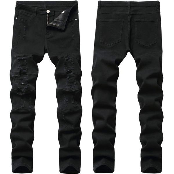 

black jeans men's pants fashion streetwear holes washed men denim pants 2020 new feet stretch male straight slim ripped jeans239h, Blue