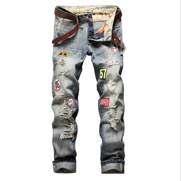 

mens fashion designer ripped jeans retro blue badge washed biker denim pants hip hop distressed trousers jb777294b