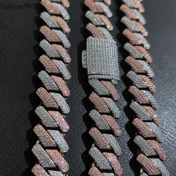 

flawless vvs moissanite bling men jewelry 18mm sterling sier cuban link chain two tone gold plated hip hop necklace, Silver