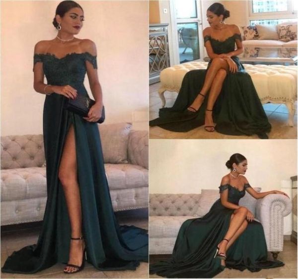

dark green split long evening dresses off the shoulder appliques satin floor length prom dresses evening gowns sweep train9390470, Black
