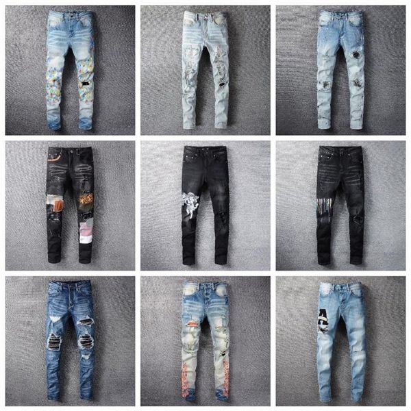 

designer mens jeans man distressed ripped skinny cowboy pant jean rock revival trousers straight slim elastic denim fit moto biker233g, Blue