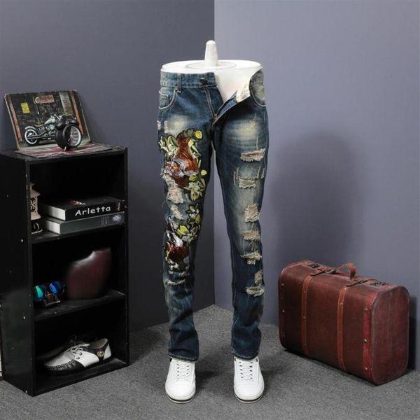 

men embroidery ribbed jeans moto biker denim pant tiger flower embroidery fashion desinger jeans ribbe destroy hole men289e, Blue