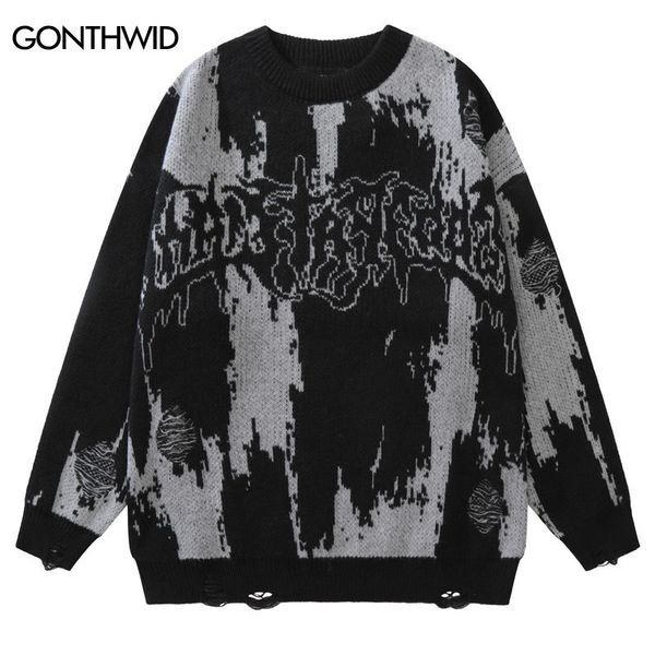 

men's sweaters hip hop ripped sweaters grunge y2k vintage knitted punk gothic streetwear jumpers men women harajuku fashion pullover 23, White;black