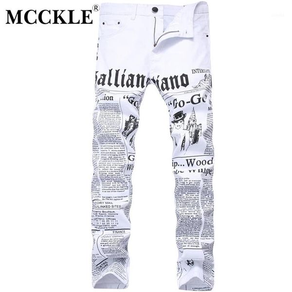 

mcckle 2017 autumn men denim trousers white printing newspaper casual pants mens painted skinny jeans for man size 28-421247f, Blue