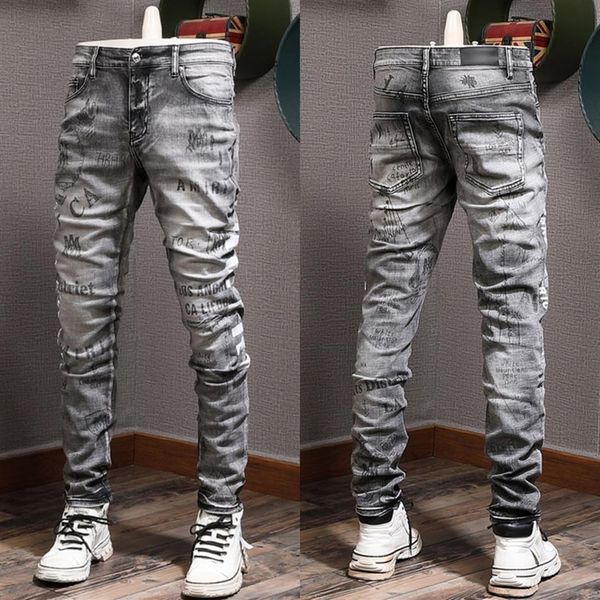 

man black gray jeans with printed wash vintage slim fit leg2883, Blue