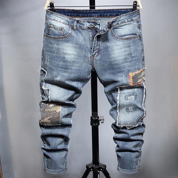 

stitching stretch men's jeans ripped destroyed slim fit pants fashion casual contrast color patchwork streetwear pantalones p261t, Blue