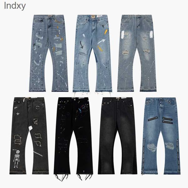 

23ss craft mens jeans designer retro fashion high street broken holes jeans oil paint splash ink pants, Blue