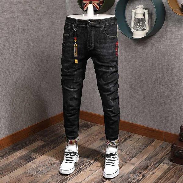 

fashion streetwear men jeans slim fit black elastic ripped jeans men japanese patches designer denim pants hip hop homme12319, Blue