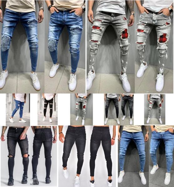 

2021 four seasons slim men039s ripped printed jeans patches elastic wear youth pants size s3xl7456271, Blue
