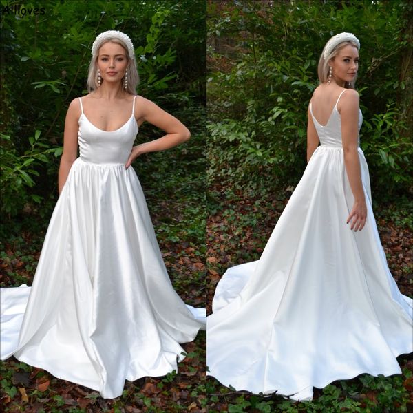 

simple white satin a line wedding dress spahetti straps minimalist modern boho hippie rustic country plus size bride gowns backless elegant