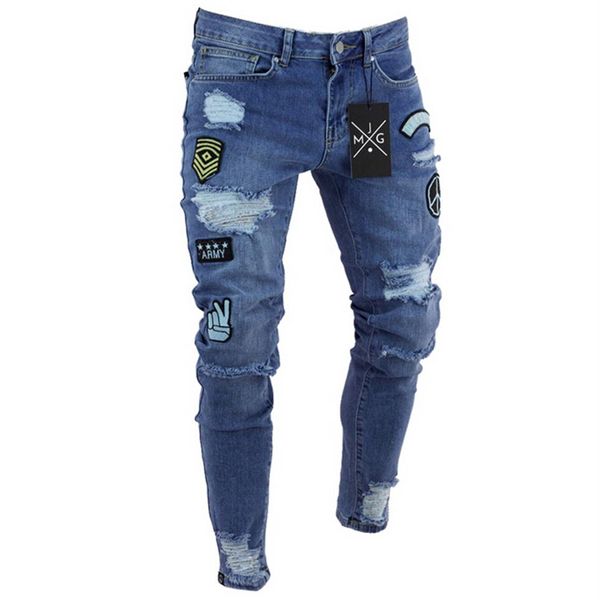

hirigin men jeans 2018 stretch destroyed ripped applique design fashion ankle zipper skinny jeans for men3342, Blue