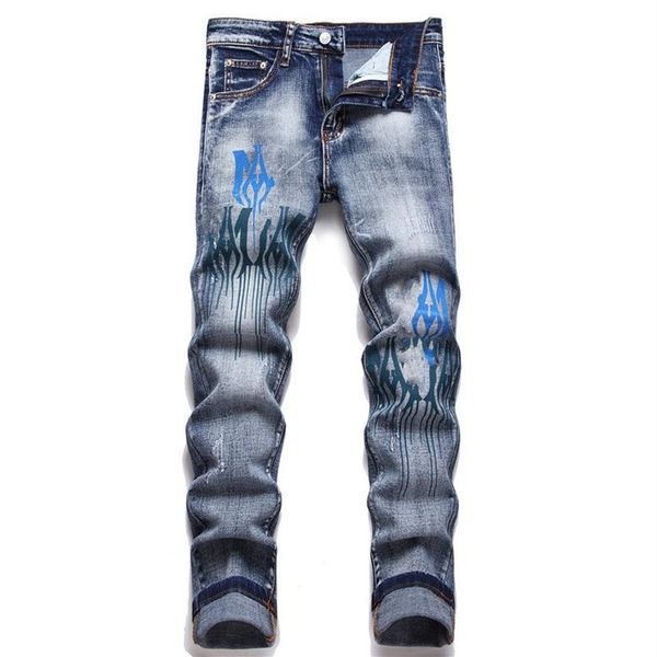 

mens jeans distressed motorcycle biker jean snake embroidery rock skinny slim ripped hole stripe fashionable embroidery denim pant252s, Blue