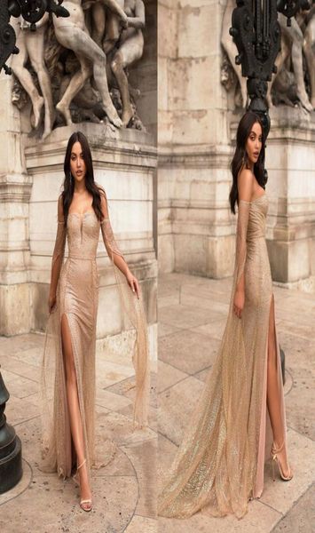 

gold evening dresses off the shoulder bling glitter sweep train side split prom dress long sleeves custom made formal party g4324469, Black;red