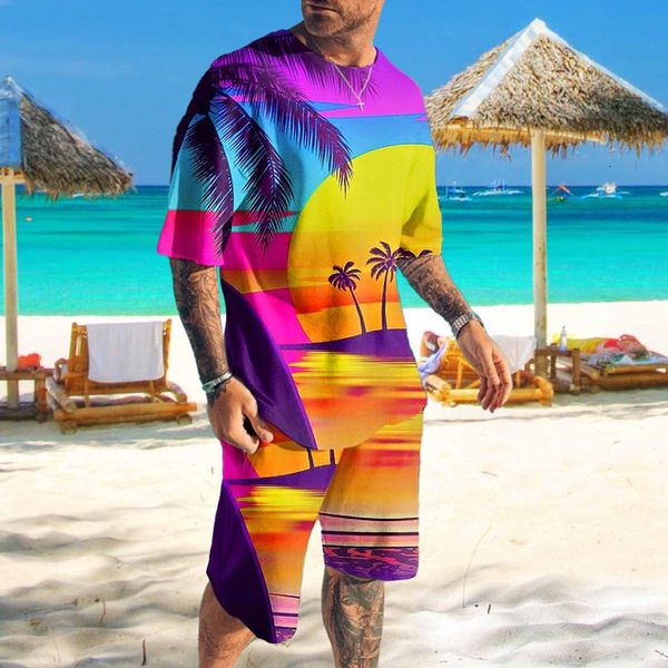 

men's tracksuits men's shorts and t shirt set t-shirt outfits crew neck clothing apparel 3d print graphic coconut tree beach outdo, Gray