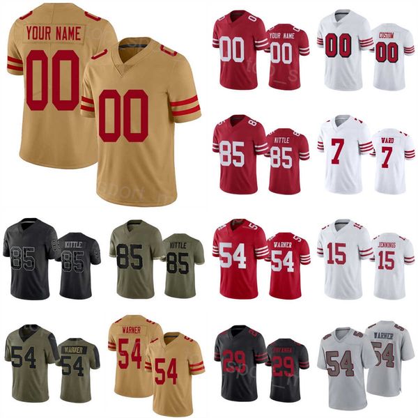 

man woman kids football 85 george kittle jerseys 15 jauan jennings 3 ray-ray mccloud iii 54 fred warner 57 dre greenlaw 29 talanoa hufanga 7, Black;red