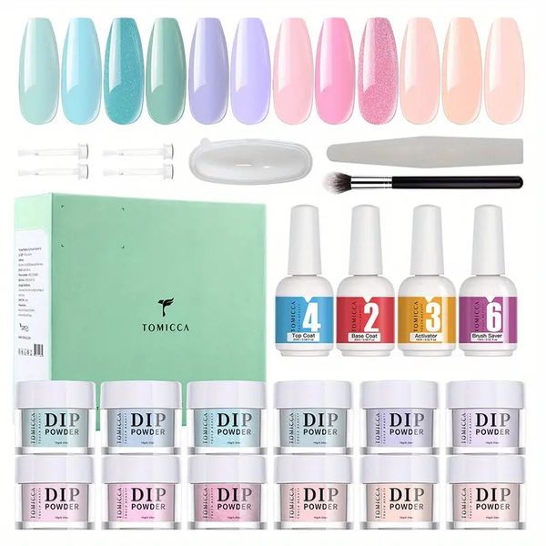 

12 colors dip powder nail starter kit with base, coat, and activator - essential nail kit for beginner manicure diy - perfect for french nai