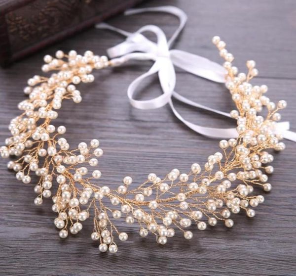 

bridal pearl headband hair jewelry wedding tiara gold hair accessories women headbands with yarn leaf headdress y20040987332394024153, Slivery;golden