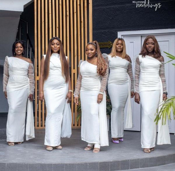 

african plus size mermaid bridesmaid dresses one shoulder long sleeves tulle satin floor length wedding guest dress maid of honor 6927818, White;pink
