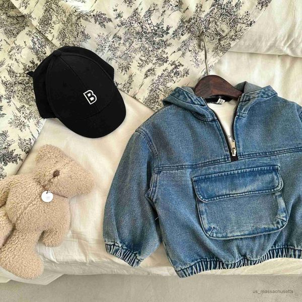 

jackets kids' overcoat 2023 spring new boys and girls solid color denim jacket baby hooded zipper r230812, Blue;gray