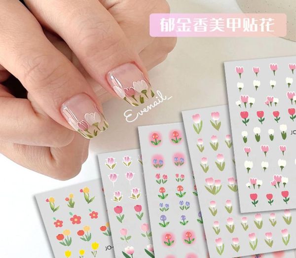 

2022 new popular tulip flower 3d nail art sticker spring elegant pink nail decals diy back glue decoration nail tips accessories5533809, Black