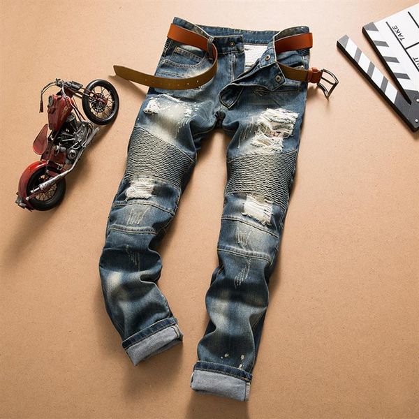 

whole-2016 fashion slim skinny slim fit zips black cotton mens jeans distressed denim cotton male pants253g, Blue