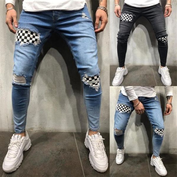 

men skinny jeans pants men skinny jeans zipper hip hop patchwork pencil pants2848, Blue