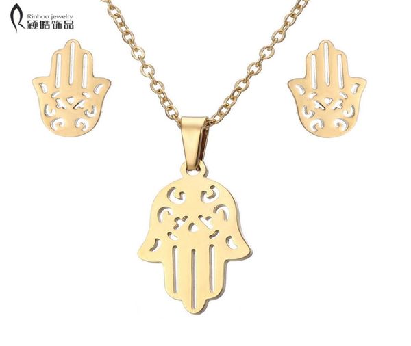 

fatima hamsa hand pendant necklaces earrings stainless steel for women trendy wedding jewelry set4927533, Silver