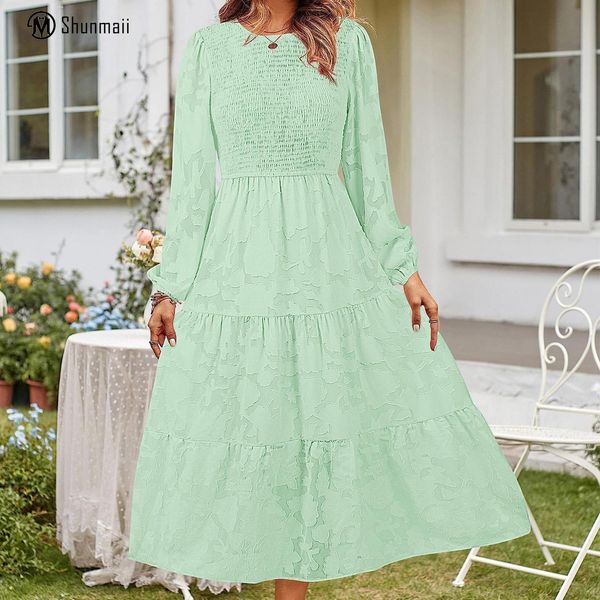 

basic casual dresses women jacquard swing dress solid color ladies shrink midi style puff sleeve crew neck pleated daily outfit 230811, Black;gray