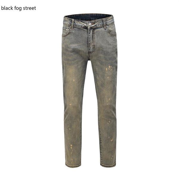 

men's jeans black street k77# vintage painted stretch cotton denim biker slim fit pleated pants for motorcycle263d, Blue